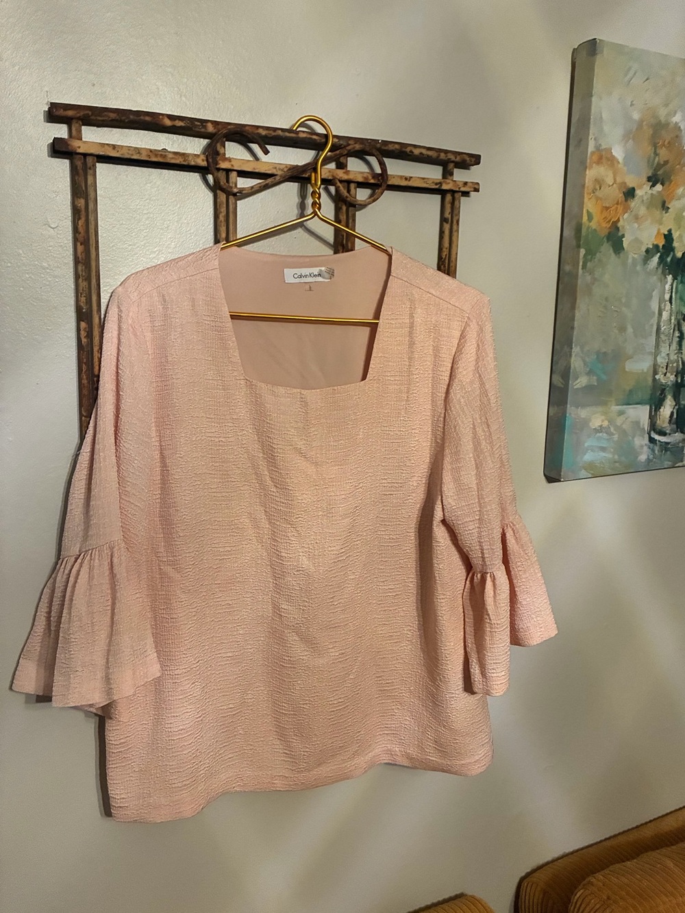Calvin Klein Light Pink Textured Bell-Sleeve Blouse